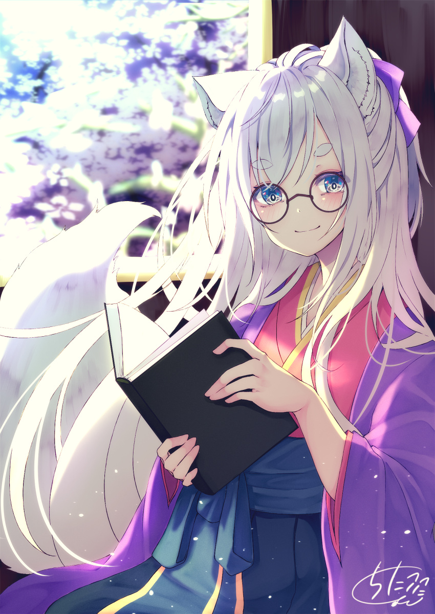 1girl animal_ear_fluff animal_ears bangs blue_eyes blue_hakama blurry blurry_background blush book bow brown-framed_eyewear chita_(ketchup) closed_mouth commentary_request depth_of_field eyebrows_visible_through_hair fox_ears fox_girl glasses hair_between_eyes hair_bow hakama highres holding holding_book japanese_clothes kimono long_hair long_sleeves looking_at_viewer open_book open_clothes original pink_kimono purple_bow round_eyewear short_eyebrows signature silver_hair smile solo thick_eyebrows very_long_hair wide_sleeves