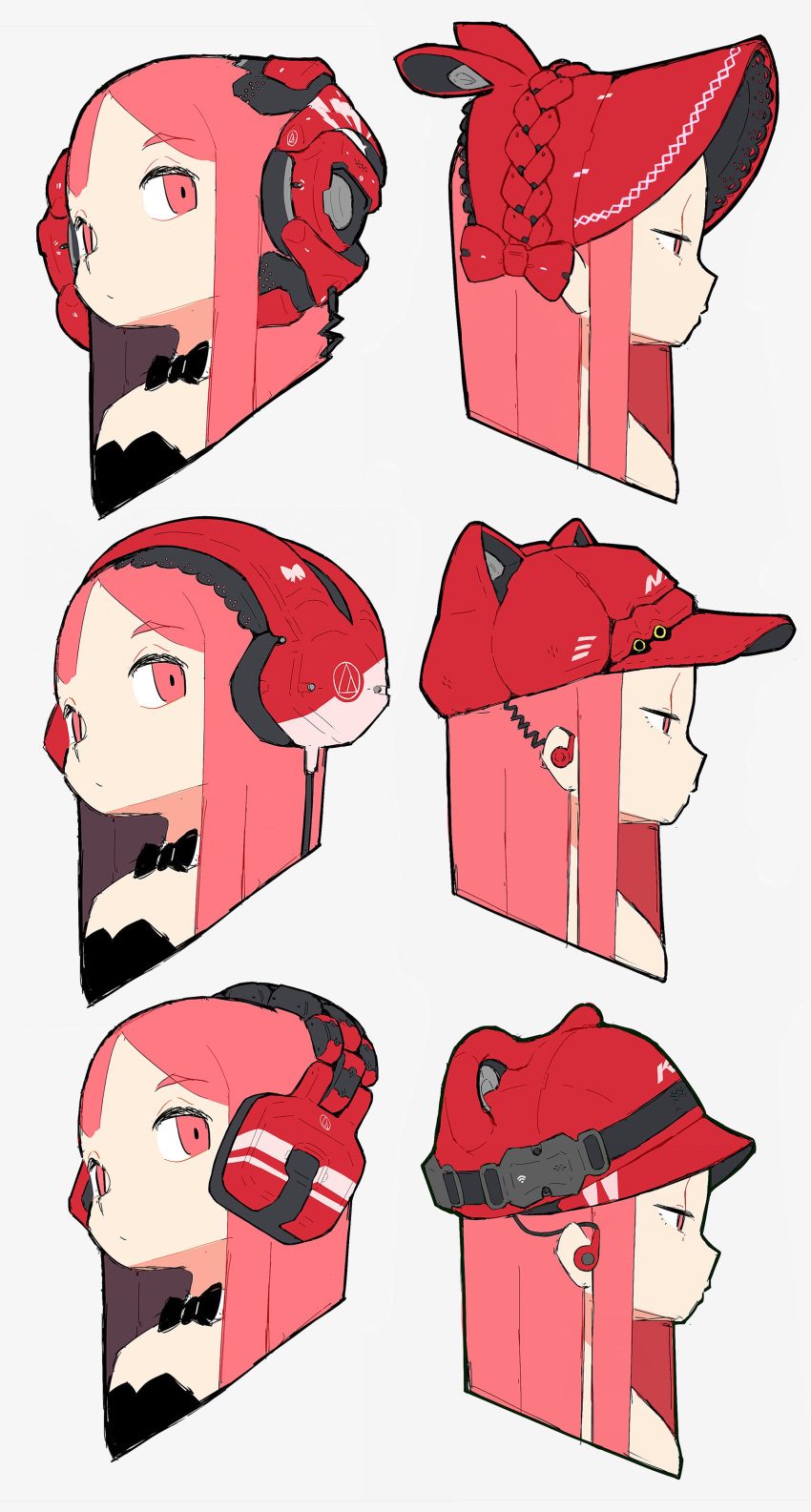 absurdres bow bowtie closed_mouth coif commentary earphones ears eiken3kyuboy hat headphones highres looking_at_viewer looking_to_the_side mechanical original pink_eyes pink_hair simple_background sketch straight_hair white_background wire