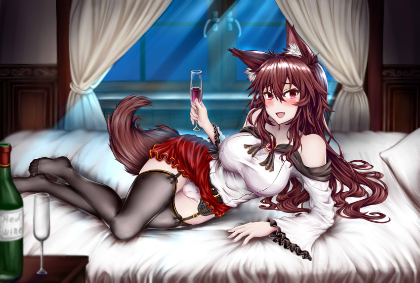 1girl alcohol animal_ear_fluff animal_ears bare_shoulders bed black_legwear blush bottle breasts brooch brown_hair collarbone commentary commentary_request cup dress drinking_glass fang fingernails highres imaizumi_kagerou indoors jewelry large_breasts long_hair looking_at_viewer lying on_side open_mouth panties red_eyes solo tail touhou underwear white_panties wine wine_bottle wine_glass wolf_ears wolf_tail zakusan