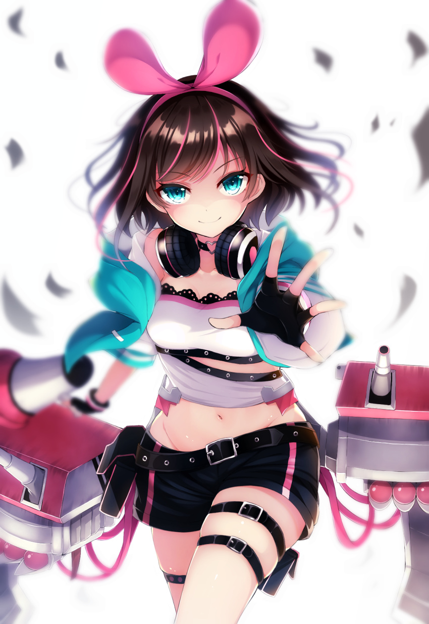 1girl a.i._channel aqua_jacket azur_lane bare_shoulders belt belt_pouch black_gloves black_shorts blue_eyes blurry breasts brown_hair choker cleavage collarbone commentary_request cowboy_shot crop_top depth_of_field fingerless_gloves gloves groin hairband headphones headphones_around_neck highres jacket kizuna_ai kizuna_ai_(supergamer)_(azur_lane) lace_trim leg_belt looking_at_viewer machinery midriff multicolored_hair navel nya_rl off_shoulder open_clothes open_jacket outstretched_hand pink_hair pouch short_hair short_shorts shorts skindentation small_breasts smile solo streaked_hair torpedo_tubes turret white_background
