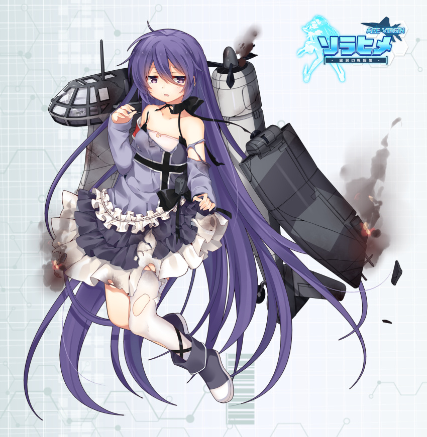 1girl ace_virgin armband bangs bare_shoulders black_bow black_choker black_footwear blush boots bow breasts burning camisole character_request choker collarbone copyright_name damaged detached_sleeves dress fire frilled_dress frills hair_between_eyes highres jiang-ge long_hair long_sleeves looking_at_viewer machinery official_art parted_lips purple_dress purple_hair purple_sleeves skirt_hold sleeveless sleeveless_dress sleeves_past_wrists small_breasts smoke solo tears thigh-highs thighhighs_under_boots torn_camisole torn_clothes torn_dress torn_legwear torn_sleeves very_long_hair violet_eyes white_camisole white_legwear