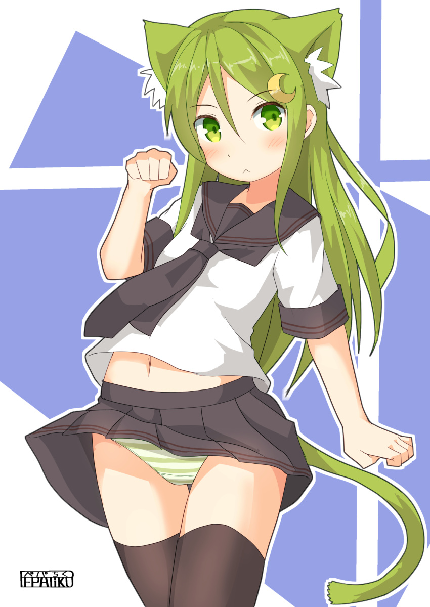 1girl :&lt; animal_ear_fluff animal_ears bangs black_legwear black_neckwear black_skirt blush cat_ears cat_tail crescent crescent_hair_ornament crescent_moon_pin extra_ears eyebrows_visible_through_hair green_eyes green_hair hair_between_eyes hair_ornament highres kantai_collection long_hair nagatsuki_(kantai_collection) navel panties paw_pose pepatiku pleated_skirt sailor_collar school_uniform serafuku short_sleeves signature skirt solo striped striped_panties tail thigh-highs underwear