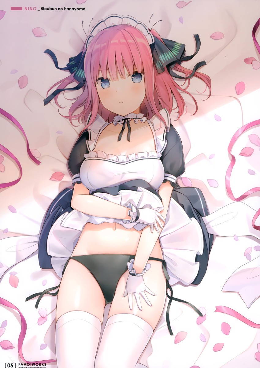 1girl 6u_(eternal_land) absurdres black_dress black_panties black_ribbon blue_eyes blush breasts choker cleavage closed_mouth collarbone cowboy_shot dress dress_lift frilled_choker frilled_dress frills gloves go-toubun_no_hanayome groin hair_ornament highres large_breasts looking_at_viewer lying maid maid_headdress nakano_nino navel on_back panties petals pink_ribbon puffy_short_sleeves puffy_sleeves redhead ribbon scan short_hair short_sleeves side-tie_panties solo stomach thigh-highs two_side_up underwear white_gloves white_legwear