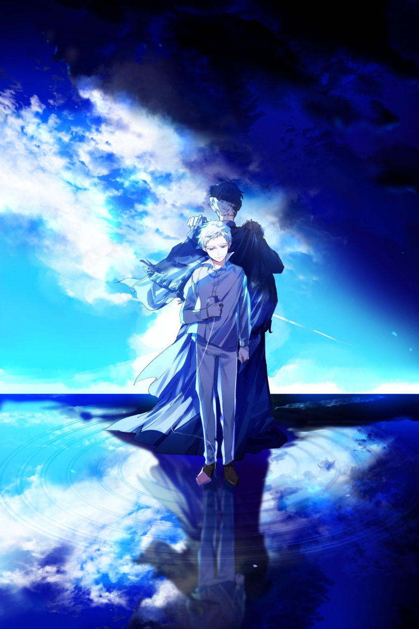 2boys back-to-back blue_eyes blue_sky cloak closed_mouth clouds commentary day highres holding horizon long_sleeves looking_down multiple_boys norman_(yakusoku_no_neverland) pants reflection reflective_water ripples sad_smile shadow shirt shoes sky smile string_phone walking walking_on_liquid water water_surface white_hair white_shirt yakusoku_no_neverland yala1453