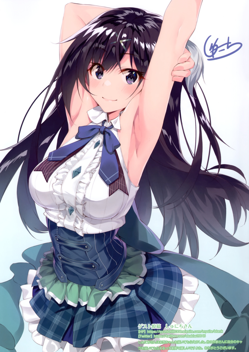 1girl absurdres arm_behind_head armpits arms_up artist_name bangs black_hair blue_bow blush bow bowtie breasts buttons closed_mouth dress eyebrows_visible_through_hair frilled_skirt frills gradient gradient_background hair_ornament highres lips long_hair looking_at_viewer medium_breasts scan shiny shiny_hair short_dress shunichi signature simple_background skirt sleeveless solo twitter_username violet_eyes x_hair_ornament
