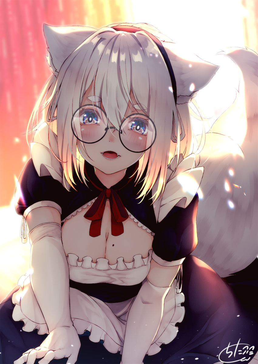 1girl :d animal_ear_fluff animal_ears apron backlighting bangs black-framed_eyewear black_dress black_hairband blue_eyes blurry blurry_background breasts chita_(ketchup) cleavage commentary_request depth_of_field dress elbow_gloves eyebrows_visible_through_hair fangs fox_ears fox_girl fox_tail frilled_apron frills glasses gloves hair_between_eyes hairband highres leaning_forward long_hair maid medium_breasts mole mole_on_breast neck_ribbon open_mouth original puffy_short_sleeves puffy_sleeves red_ribbon ribbon round_eyewear short_sleeves signature silver_hair smile solo tail tail_raised waist_apron white_apron white_gloves