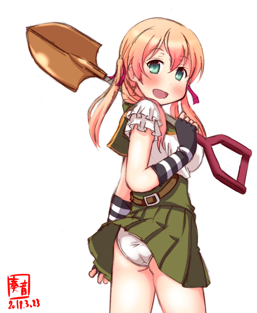 1girl alternate_costume aqua_eyes artist_logo back black_gloves blonde_hair blouse blush commentary_request cosplay cowboy_shot dated ebisuzawa_kurumi ebisuzawa_kurumi_(cosplay) elbow_gloves gakkou_gurashi! gloves green_collar green_skirt hair_ornament highres kanon_(kurogane_knights) kantai_collection looking_at_viewer looking_back looking_to_the_side low_twintails no_hat no_headwear open_mouth ozawa_ari panties prinz_eugen_(kantai_collection) puffy_short_sleeves puffy_sleeves red_ribbon revision ribbon seiyuu_connection short_sleeves shovel signature simple_background skirt smile solo standing twintails underwear white_background white_blouse white_panties