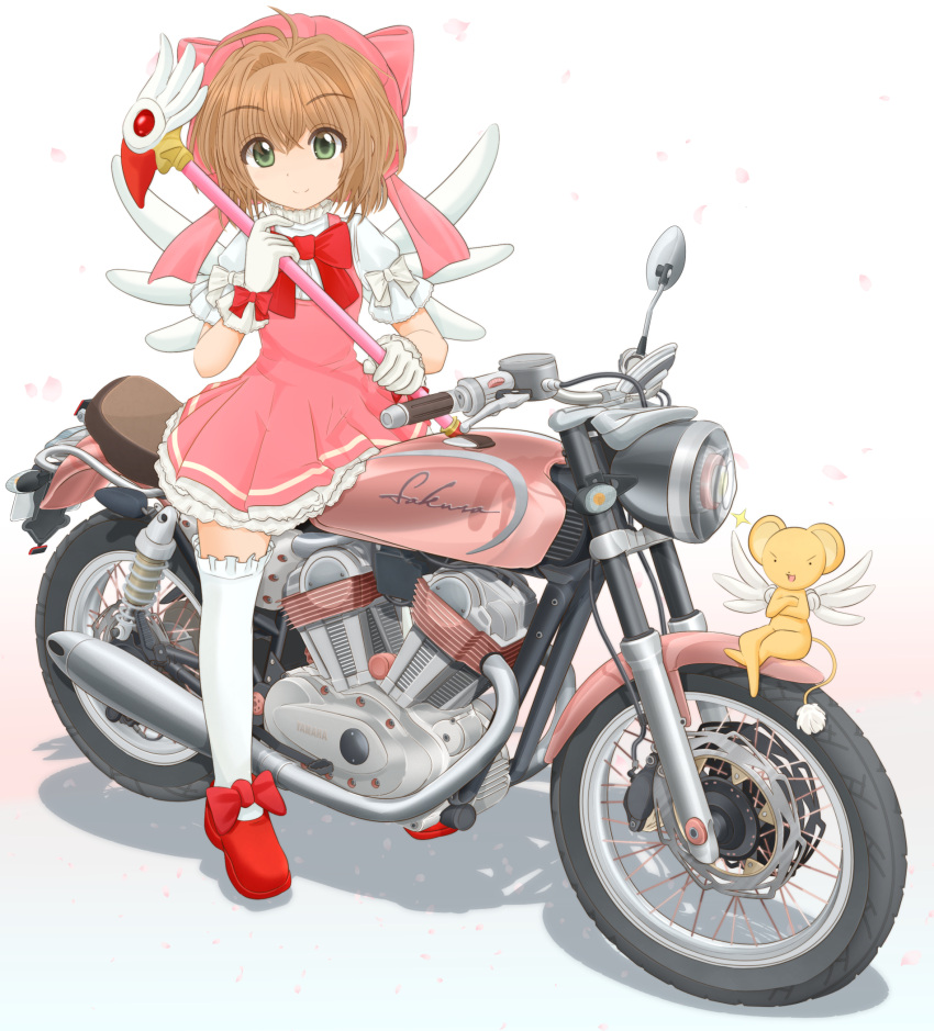 1girl bangs bow bowtie brown_hair card_captor_sakura cherry_blossoms closed_mouth collared_shirt commentary_request dress fake_wings frilled_legwear fuuin_no_tsue green_eyes ground_vehicle hat hat_bow highres holding holding_staff ichigotofu kero kinomoto_sakura logo looking_at_viewer magical_girl mary_janes motor_vehicle motorcycle namesake partial_commentary petticoat pinafore_dress pink_dress pink_headwear print_dress puffy_short_sleeves puffy_sleeves red_footwear red_neckwear riding shadow shirt shoes short_dress short_hair short_sleeves single_horizontal_stripe smile sparkle staff standing thigh-highs white_background white_legwear white_shirt white_wings wings xs-v1_sakura yamaha