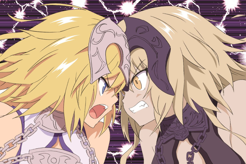 2girls angry armor blonde_hair blue_eyes chain clenched_teeth collar eyebrows_visible_through_hair fate/apocrypha fate/grand_order fate_(series) flat_color gin'you_haru jeanne_d'arc_(alter)_(fate) jeanne_d'arc_(fate) jeanne_d'arc_(fate)_(all) metal_collar multiple_girls neckwear open_mouth silver_hair source_request sparks teeth yellow_eyes