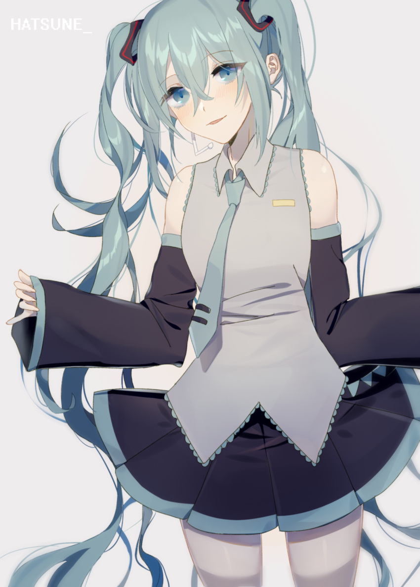 1girl aqua_eyes aqua_hair aqua_neckwear arms_up asagi_jin bangs black_skirt black_sleeves blush character_name collared_shirt commentary_request cowboy_shot detached_sleeves green_shirt grey_background hair_between_eyes hatsune_miku head_tilt highres huge_filesize long_hair looking_at_viewer necktie pleated_skirt shirt simple_background skirt sleeves_past_wrists smile solo standing twintails very_long_hair vocaloid wing_collar