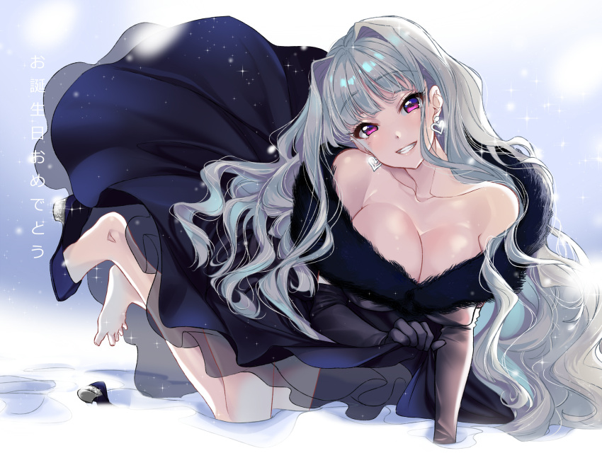 1girl bare_shoulders barefoot breasts cleavage detached_sleeves dress earrings high_heels highres idolmaster idolmaster_(classic) jewelry koyama_mai large_breasts long_hair red_eyes shijou_takane silver_hair smile snow solo teeth winter