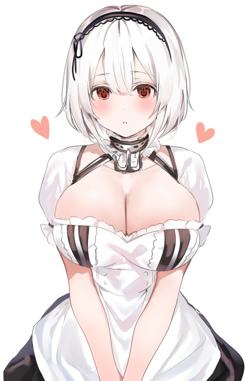 1girl anchor apron azur_lane bangs black_dress blush breasts cleavage dress hair_between_eyes heart highres large_breasts looking_at_viewer maid parted_lips red_eyes short_hair short_sleeves simple_background sirius_(azur_lane) solo upper_body v_arms white_apron white_background white_hair yuuko_(030_yuko)