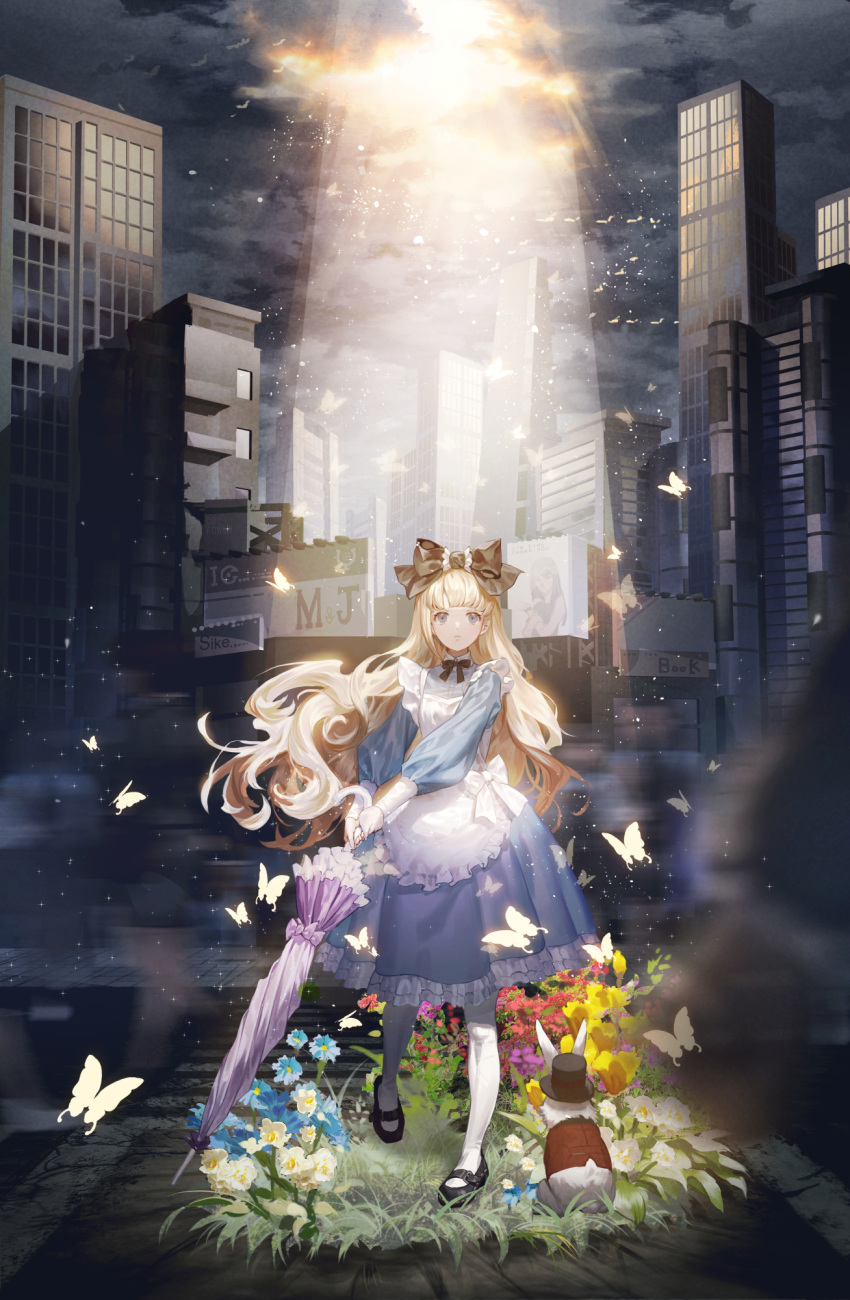1girl 1other alice_in_wonderland animal black_bow blonde_hair blue_dress blue_eyes blue_flower blurry bow bug building butterfly city clouds dress fajyobore323 flower flying hair_bow hat highres holding holding_umbrella insect light_rays long_hair looking_at_viewer original pinafore_dress rabbit red_flower road standing street top_hat umbrella walking white_flower window yellow_flower