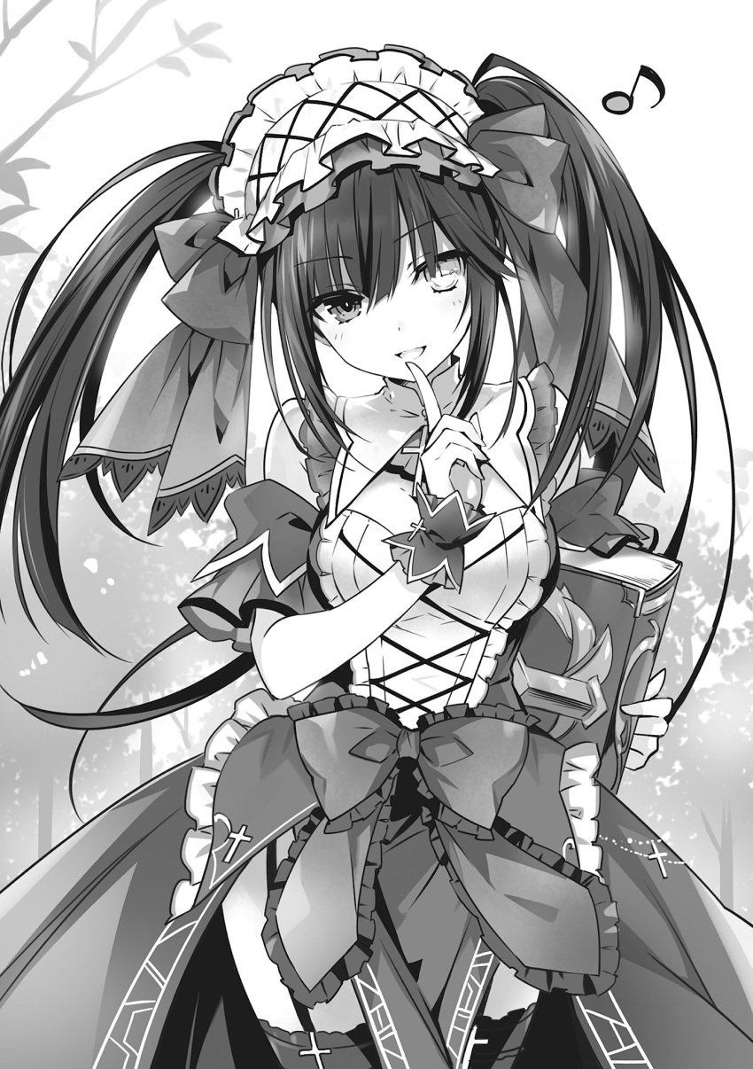 1girl :d asymmetrical_hair book breasts clock_eyes cowboy_shot date_a_live detached_collar detached_sleeves floating_hair garter_straps greyscale hairband head_tilt heterochromia highres holding index_finger_raised lolita_hairband long_hair looking_at_viewer medium_breasts monochrome musical_note novel_illustration official_art open_mouth short_sleeves smile solo standing symbol-shaped_pupils thigh-highs tokisaki_kurumi tsunako twintails very_long_hair wrist_cuffs