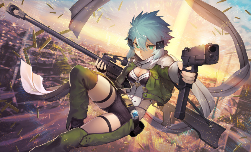 1girl action anti-materiel_rifle aqua_eyes aqua_hair bangs belt black_shorts breasts chaps cleavage commentary dual_wielding eyes firing green_chaps groin gun hair_between_eyes hair_ornament hairclip highleg highleg_leotard highres holding jacket jumping leotard looking_at_viewer medium_breasts nkmr8 outdoors parted_lips pgm_hecate_ii rifle scarf serious shell_casing short_hair short_shorts shorts sidelocks sinon sling slit_pupils sniper_rifle solo sunset sword_art_online thigh_strap weapon white_leotard white_scarf