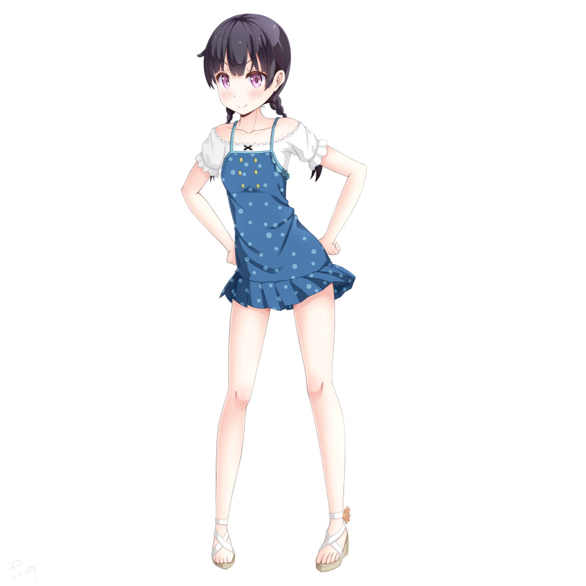 1girl absurdres bangs black_hair blue_dress blush braid collarbone dress full_body hands_on_hips highres leaning_forward long_hair looking_at_viewer momohara_natsuki off-shoulder_shirt off_shoulder one_room pinafore_dress pleated_dress polka_dot polka_dot_dress sainohikari shiny shiny_hair shirt short_dress short_sleeves simple_background smile solo twin_braids twintails violet_eyes white_background white_shirt