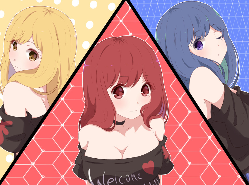 3girls bangs bare_shoulders black_choker black_shirt blonde_hair blue_background blue_hair breasts choker cleavage clothes_writing collarbone commentary eyebrows_visible_through_hair from_behind head_tilt heart hecatia_lapislazuli hecatia_lapislazuli_(earth) hecatia_lapislazuli_(moon) highres large_breasts long_hair long_sleeves looking_at_viewer looking_back multiple_girls multiple_persona no_hat no_headwear off-shoulder_shirt off_shoulder one_eye_closed outline polka_dot polka_dot_background red_background red_eyes redhead shirt short_sleeves smile t-shirt touhou upper_body white_outline yellow_background yellow_eyes yukome