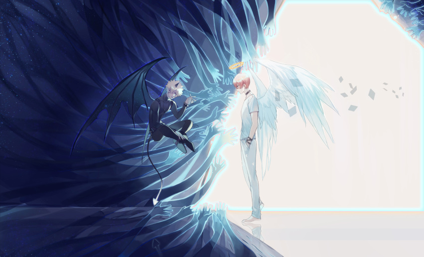 2boys absurdres angel_and_devil angel_wings bakugou_katsuki bangs barefoot between_fingers black_footwear black_pants black_shirt black_wings blonde_hair boku_no_hero_academia bracelet burn_scar choker contrast cross cross_necklace demon_boy demon_horns demon_tail demon_wings diamond_(shape) floating_hair from_side frown halo hand_in_pocket hand_up highres holding horns indian_style jewelry long_sleeves looking_at_another male_focus mata_c multiple_boys multiple_hands necklace pants pointing pointy_ears profile reaching redhead scar scar_on_face shirt shoe_soles shoes short_hair short_sleeves sitting skin_tight spiked_bracelet spikes spiky_hair standing tail todoroki_shouto white_pants white_shirt white_wings wings
