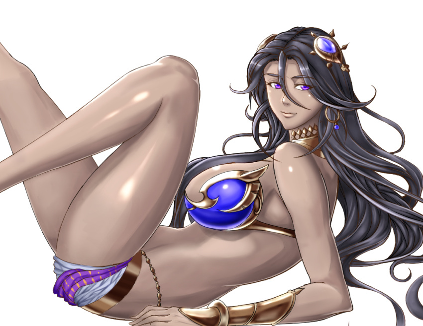 1girl arm_support black_hair bra breasts crown_t_celsior dark_skin earrings hair_between_eyes hair_ornament jewelry king's_raid large_breasts laudia_(king's_raid) legs_up long_hair looking_at_viewer lying midriff neck_ring on_back short_shorts shorts simple_background underwear very_long_hair violet_eyes white_background
