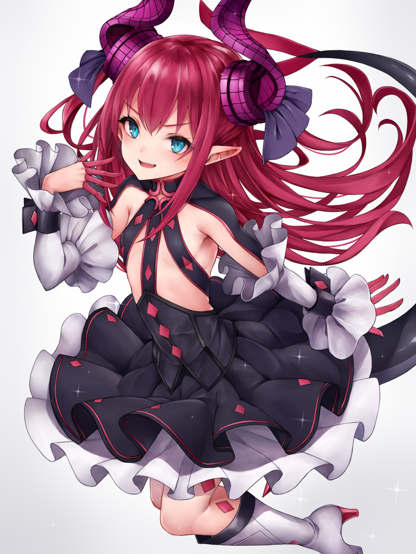 1girl :d bangs blue_eyes blush curled_horns detached_sleeves dragon_horns dragon_tail dress elizabeth_bathory_(fate)_(all) eyebrows_visible_through_hair fate/extra fate/extra_ccc fate_(series) finger_gloves flat_chest floating_hair frilled_dress frills gradient gradient_background hair_ribbon hand_up highres horns inaba_sunimi long_hair looking_at_viewer open_mouth pink_hair pointy_ears ribbon sidelocks simple_background smile solo sparkle tail two_side_up