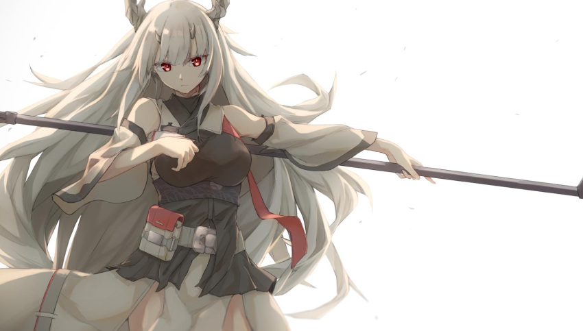 1girl arknights bangs bare_shoulders belt breasts cowboy_shot detached_sleeves floating_hair gyuki_(arknights) highres holding holding_staff holding_weapon horns japanese_clothes large_breasts long_hair long_sleeves looking_at_viewer multiple_horns pelvic_curtain pouch red_eyes sidelocks simple_background slit_pupils solo staff very_long_hair weapon white_background white_hair wide_sleeves