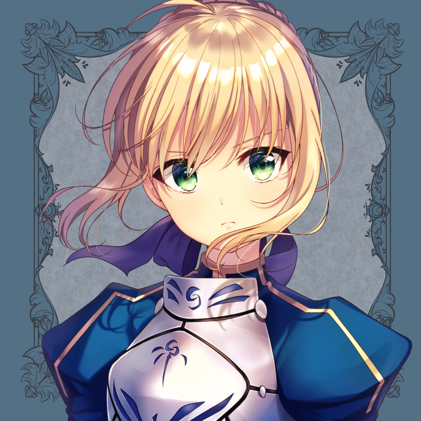 &gt;:( 1girl absurdres ahoge armor armored_dress artoria_pendragon_(all) bangs blonde_hair blue_bow blue_dress bow braid closed_mouth commentary_request dress eyebrows_behind_hair fate/stay_night fate_(series) floating_hair frown green_eyes hair_between_eyes hair_bow head_tilt highres ichiren_namiro juliet_sleeves long_sleeves looking_at_viewer puffy_sleeves saber sidelocks solo turtleneck upper_body v-shaped_eyebrows