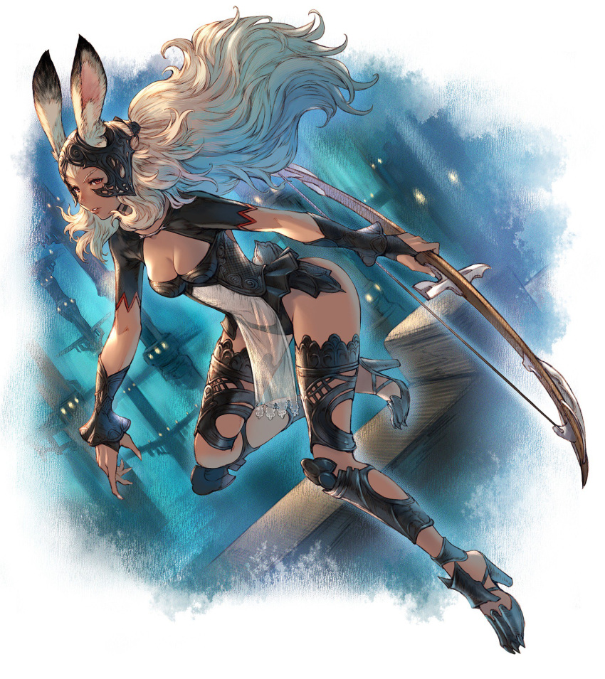 1girl animal_ear_fluff animal_ears armor bow_(weapon) breasts cleavage cleavage_cutout commentary_request dark_skin dutch_angle ears_through_headwear final_fantasy final_fantasy_xii fingernails fran full_body greaves helmet high_heels highres long_hair makimura_shunsuke medium_breasts navel night outdoors parted_lips pelvic_curtain rabbit_ears red_eyes revealing_clothes see-through sharp_fingernails solo vambraces viera weapon white_hair