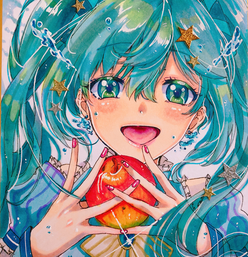 1girl :d absurdres aqua_hair blue_sleeves detached_sleeves eyebrows_visible_through_hair floating_hair food frilled_sleeves frills fruit green_eyes hair_between_eyes hair_ornament hatigatunoneko hatsune_miku highres holding holding_food holding_fruit jewelry long_hair looking_at_viewer nail_polish open_mouth portrait red_nails shiny shiny_hair smile solo sparkle star star_hair_ornament striped striped_neckwear striped_sleeves vocaloid yellow_neckwear