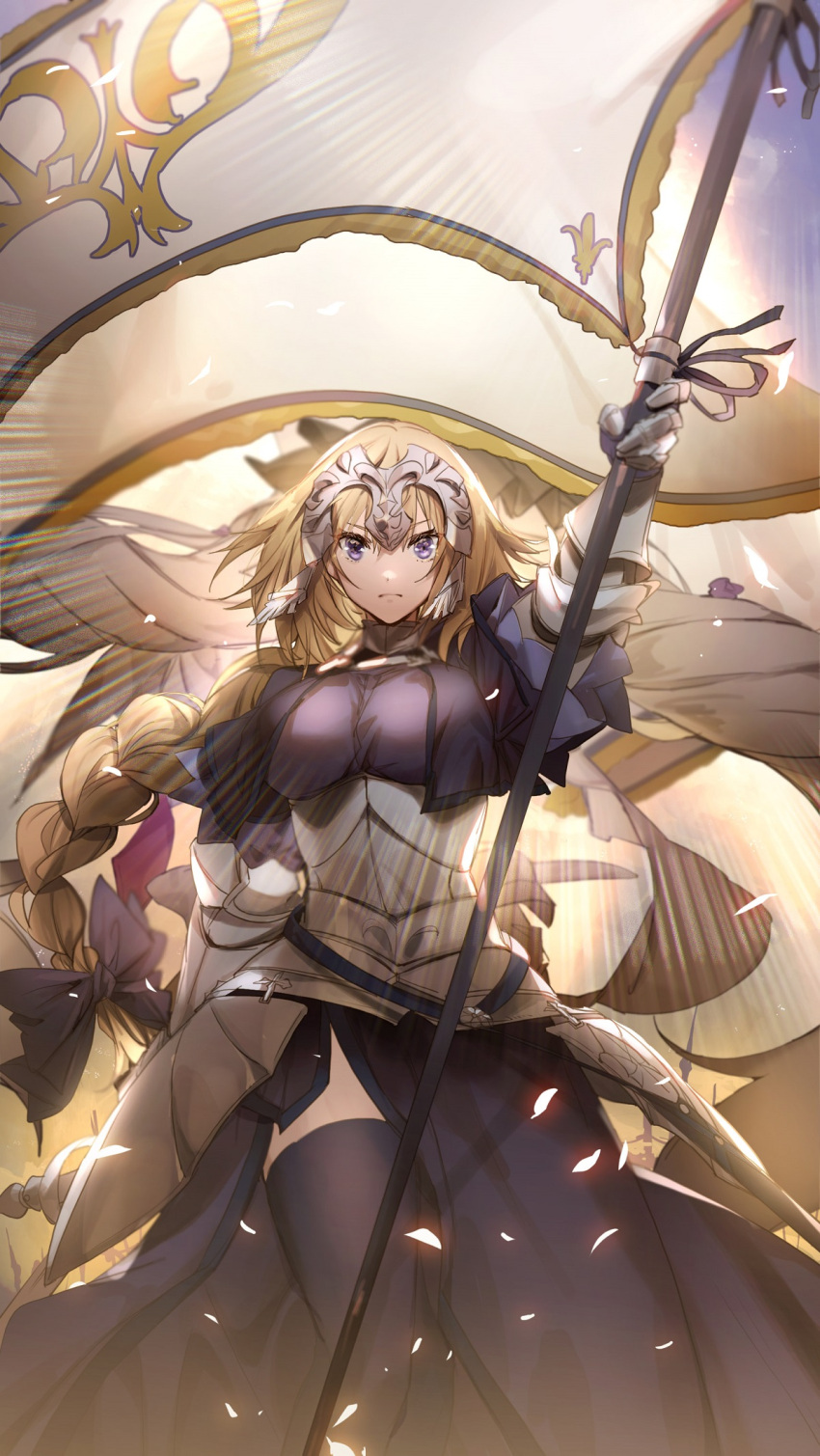 1girl arm_up armor armored_dress bangs banner black_legwear blonde_hair bow braid breasts bridal_gauntlets capelet closed_mouth dress fate/grand_order fate_(series) faulds flag gauntlets gloves glowing_petals hair_bow hair_ribbon headpiece highres holding holding_sword holding_weapon jeanne_d'arc_(fate) jeanne_d'arc_(fate)_(all) large_breasts light long_braid looking_at_viewer no-kan petals plackart purple_bow purple_dress purple_legwear ribbon single_braid skirt solo standard_bearer standing sword thigh-highs violet_eyes weapon yellow_background