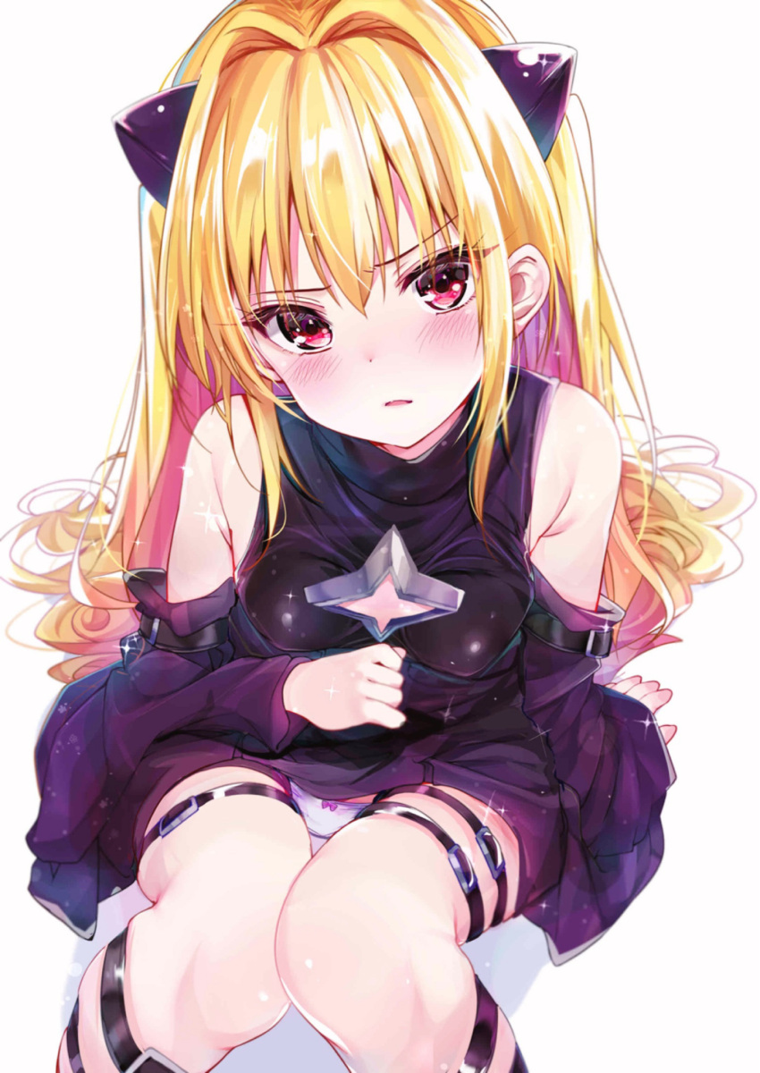 1girl arm_support bare_legs bare_shoulders black_dress blonde_hair blush bow bow_panties breasts cleavage_cutout commentary_request detached_sleeves dress embarrassed hair_ornament highres knees_together_feet_apart knees_up konjiki_no_yami leather leg_strap long_hair panties pantyshot pantyshot_(sitting) parted_lips red_eyes rouka_(akatyann) simple_background sitting small_breasts solo to_love-ru underwear upskirt very_long_hair white_background white_panties
