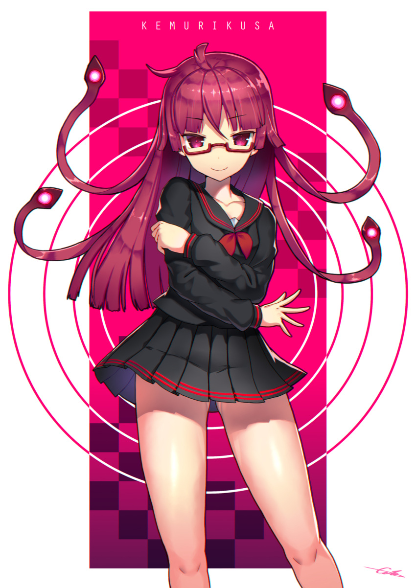 1girl bangs black_serafuku blunt_bangs border crossed_arms eyebrows_visible_through_hair gia glasses highres kemurikusa long_hair pleated_skirt red-framed_eyewear red_eyes redhead ryouku_(kemurikusa) sailor_collar school_uniform semi-rimless_eyewear serafuku signature skirt solo standing under-rim_eyewear white_border