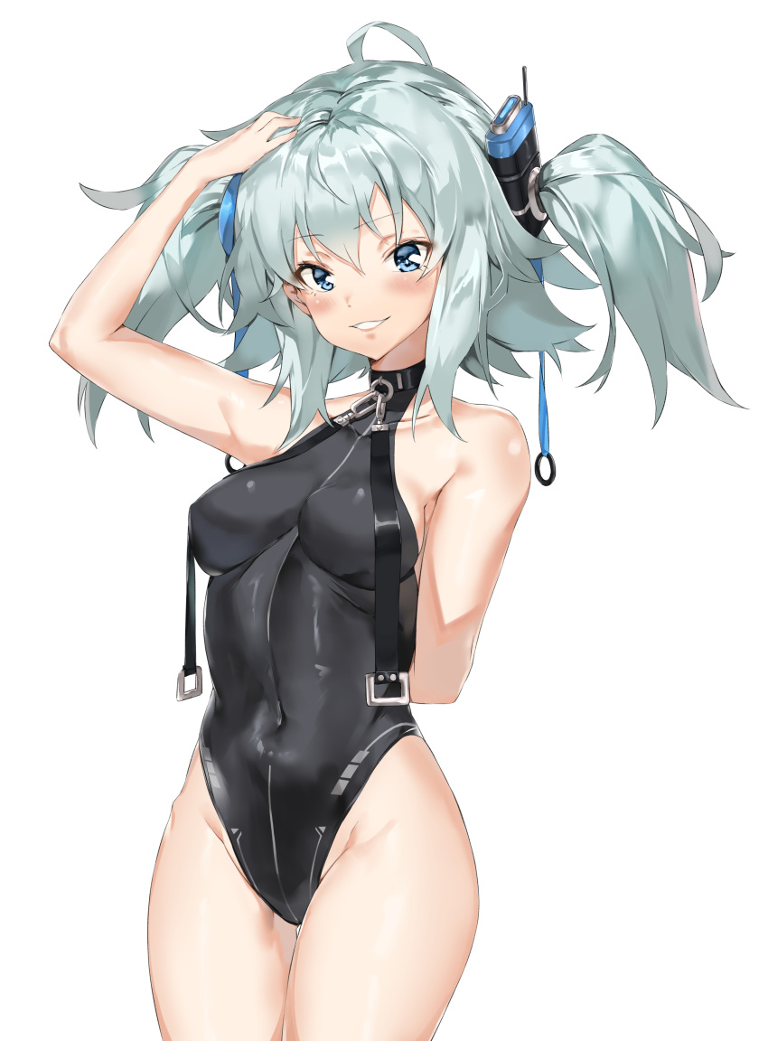 1girl absurdres arm_behind_back bangs bare_shoulders black_leotard blue_eyes blue_hair blush breasts covered_navel cowboy_shot girls_frontline grin groin hair_between_eyes hair_ornament hand_on_own_head heart heart-shaped_pupils highres leotard looking_at_viewer medium_hair pa-15_(girls_frontline) pixel_(yuxian) sidelocks simple_background small_breasts smile standing symbol-shaped_pupils thighs twintails white_background