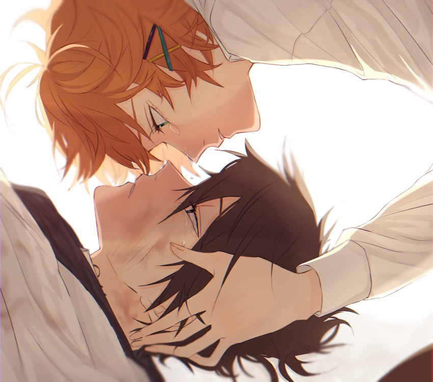 1boy 1girl black_eyes black_hair close-up emma_(yakusoku_no_neverland) eye_contact face-to-face green_eyes hair_ribbon highres holding holding_hair long_sleeves looking_at_another neck_tattoo number_tattoo open_mouth orange_hair pullover ra_yu_194 ray_(yakusoku_no_neverland) ribbon scratches short_hair simple_background tattoo tears teeth white_background yakusoku_no_neverland
