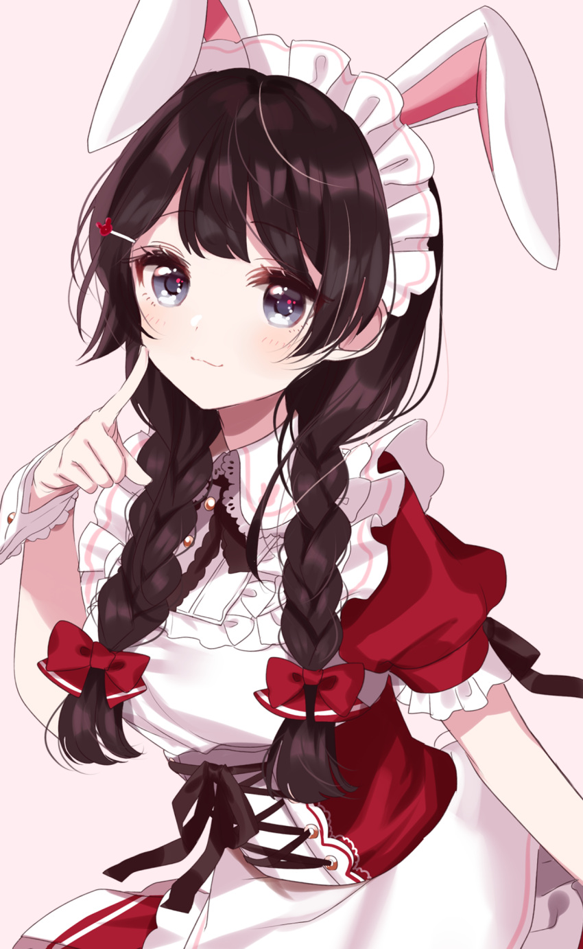1girl alternate_costume alternate_hairstyle animal_ears apron bangs bear_hair_ornament blush bow braid breasts brown_background brown_hair closed_mouth dress enmaided eyebrows_visible_through_hair fingernails grey_eyes hair_bow hair_ornament hair_over_shoulder hairclip hand_up highres index_finger_raised kemonomimi_mode long_hair low_twintails maid maid_apron maid_headdress medium_breasts misumi_(macaroni) nijisanji puffy_short_sleeves puffy_sleeves rabbit_ears red_bow red_dress short_sleeves simple_background smile solo tsukino_mito twin_braids twintails virtual_youtuber white_apron wrist_cuffs