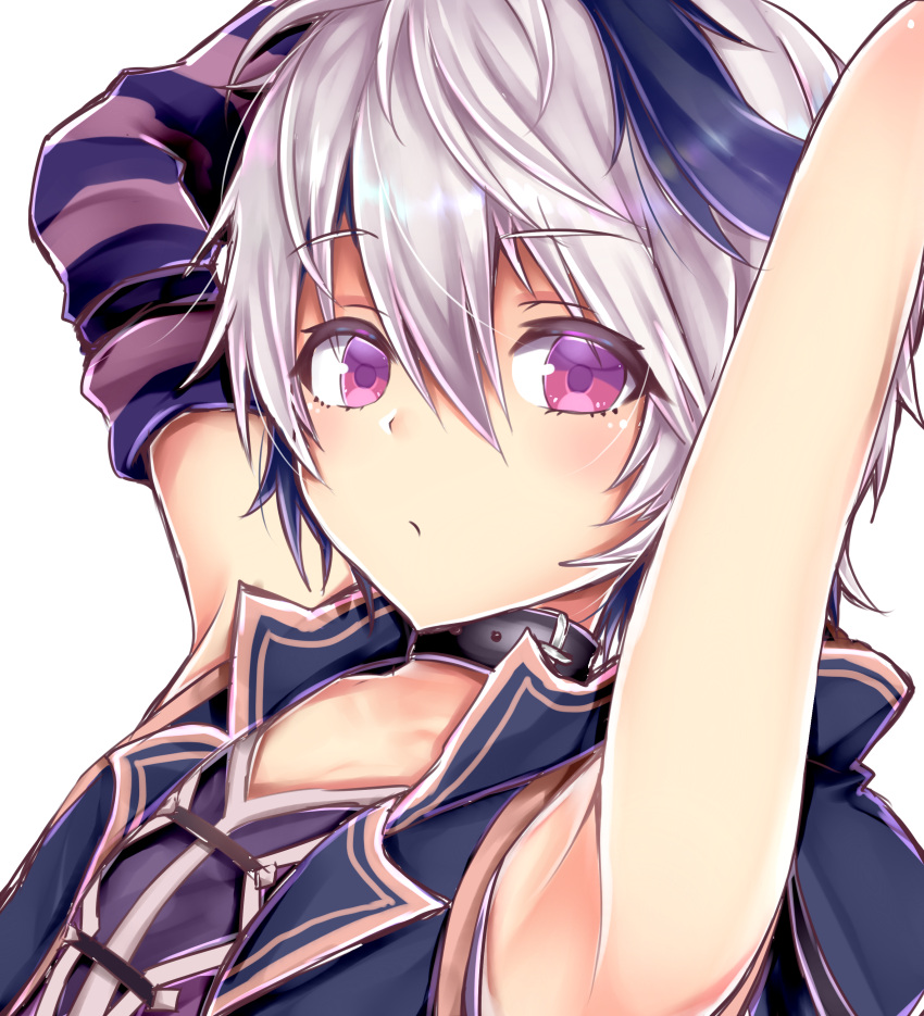 1girl absurdres arm_warmers armpits arms_up asymmetrical_sleeves blush collar collarbone commentary expressionless flower_(vocaloid) highres jacket looking_at_viewer multicolored_hair short_hair sleeveless_jacket solo streaked_hair upper_body v_flower_(vocaloid4) violet_eyes vocaloid white_hair xaruex