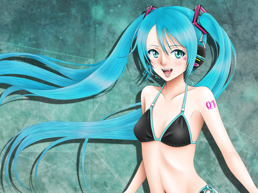 1girl :d absurdres bikini black_bikini_top blue_eyes blue_hair breasts collarbone facial_mark fang floating_hair hair_between_eyes hair_ornament hatsune_miku headphones headset highres kameyamannendou long_hair looking_at_viewer microphone navel number open_mouth side-tie_bikini small_breasts smile solo standing star swimsuit tattoo twintails upper_body very_long_hair vocaloid