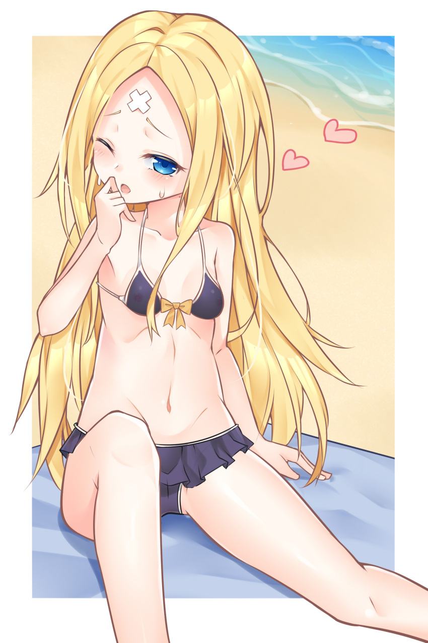 1girl abigail_williams_(fate/grand_order) absurdres ai_cao bare_arms bare_legs bare_shoulders bikini bikini_skirt black_bikini black_skirt blonde_hair blue_eyes blush breasts collarbone commentary_request fate/grand_order fate_(series) feet_out_of_frame heart highres long_hair navel ocean parted_bangblue_eyes sittin skirt small_breasts solo swimsuit towel water