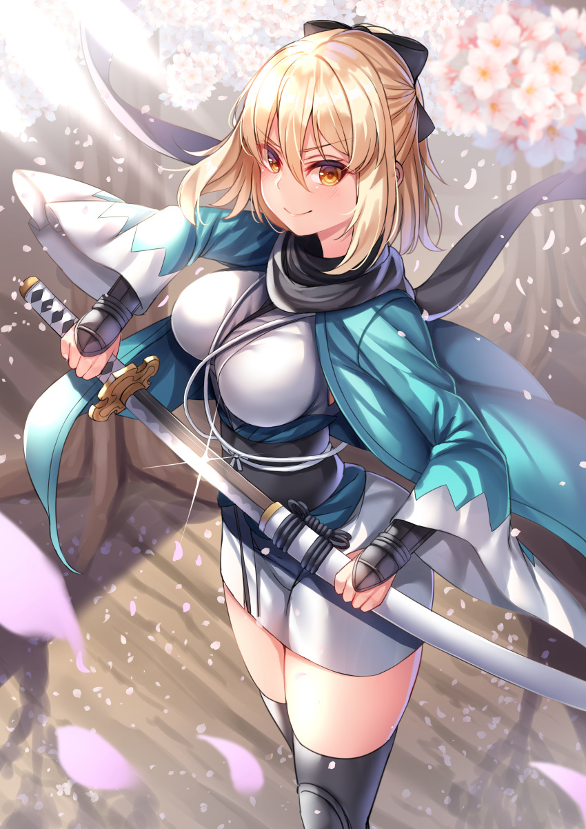 1girl absurdres beeyan black_bow black_legwear black_scarf blonde_hair blurry bow breasts brown_eyes cherry_blossoms closed_mouth depth_of_field eyebrows_visible_through_hair falling_petals fate/grand_order fate_(series) flower glint hair_bow half_updo haori highres holding holding_sword holding_weapon japanese_clothes katana kimono koha-ace long_sleeves looking_at_viewer medium_breasts obi okita_souji_(fate) okita_souji_(fate)_(all) outdoors pink_flower sash scarf sheath short_hair short_kimono smile solo standing sword thigh-highs unsheathing weapon white_kimono