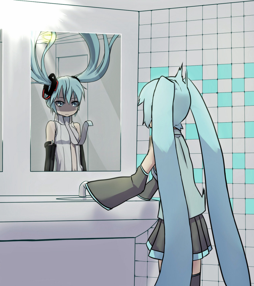 2girls aqua_eyes aqua_hair bare_shoulders bathroom commentary cowboy_shot detached_sleeves dual_persona faucet floating_hair from_behind hair_ornament hatsune_miku highres long_hair looking_at_mirror mikidar miku_append mirror multiple_girls necktie reflection shaded_face shirt skirt sleeveless sleeveless_shirt surprised thigh-highs tiles twintails very_long_hair vocaloid vocaloid_append