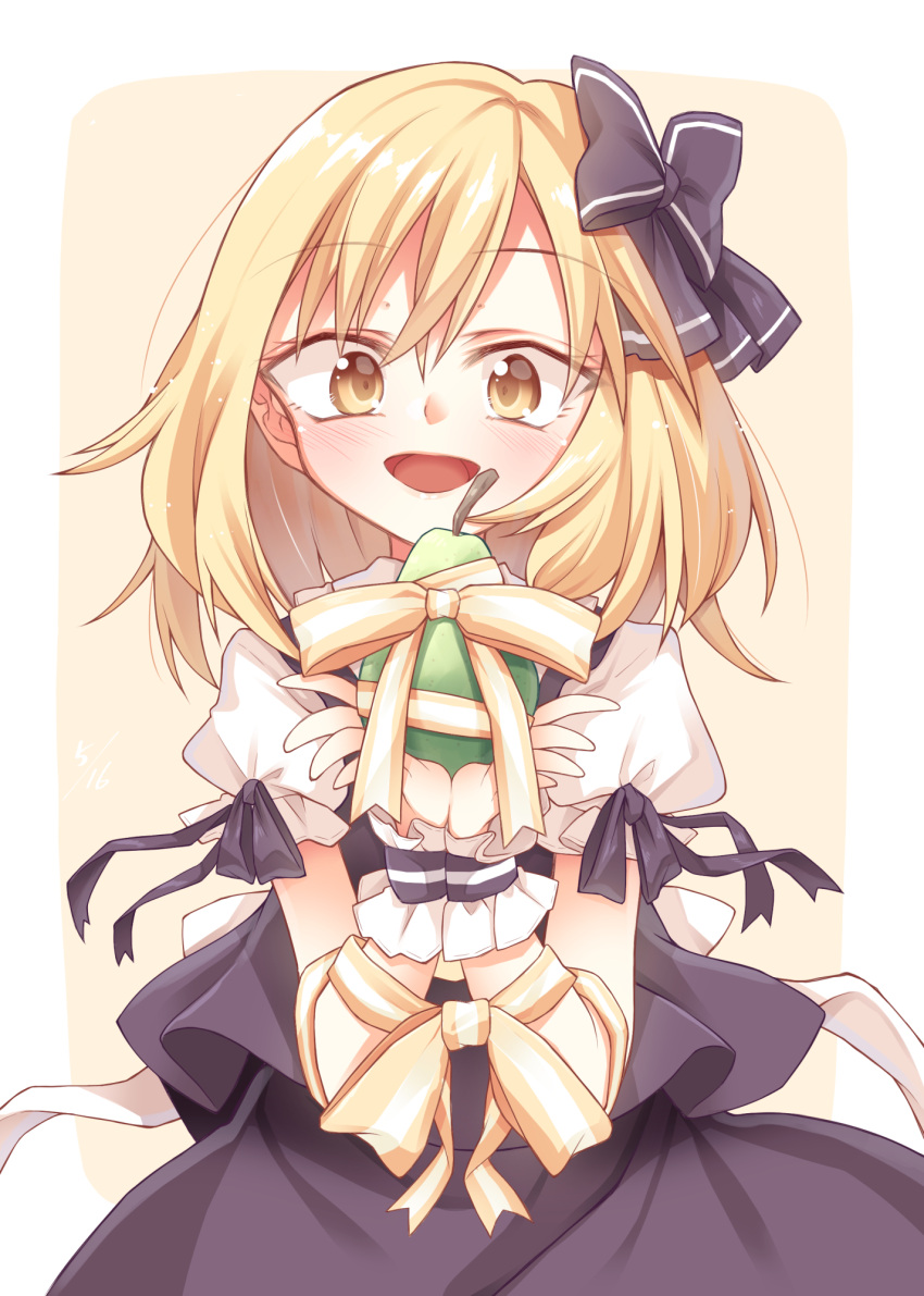 1girl blonde_hair blush bound bow commentary_request cowboy_shot dated eyebrows_visible_through_hair food fruit hair_bow highres ina_(inadahime) kirisame_marisa looking_at_viewer open_mouth pear puffy_short_sleeves puffy_sleeves ribbon ribbon_bondage short_sleeves solo touhou wrist_cuffs yellow_eyes yellow_ribbon
