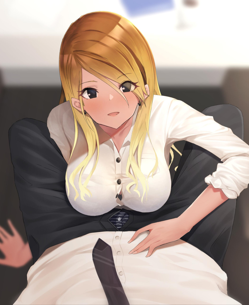 1boy 1girl absurdres amrita_(amber78gou) between_legs black_eyes blonde_hair blurry blurry_background bra bra_peek breasts button_gap collared_shirt commentary_request desk earrings gradient_hair highres idolmaster idolmaster_shiny_colors izumi_mei jewelry large_breasts long_hair looking_at_viewer multicolored_hair necktie open_fly parted_lips pov shirt sleeves_rolled_up under_table underwear white_shirt