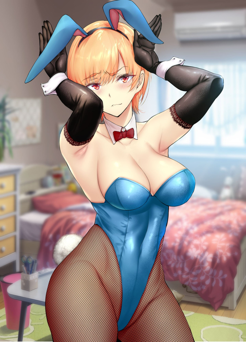 1girl animal_ears arms_up bangs bare_shoulders bed black_gloves blonde_hair blue_leotard blurry blurry_background blush bow bowtie breasts bunny_tail cleavage collarbone covered_navel cowboy_shot day detached_sleeves elbow_gloves eyebrows_visible_through_hair fake_animal_ears fake_tail fine_fabric_emphasis fishnet_legwear fishnets gentsuki gloves groin hairband head_tilt highleg highleg_leotard highres indoors large_breasts leotard looking_at_viewer orange_eyes original pantyhose red_neckwear shiny shiny_clothes sidelocks solo strapless strapless_leotard table tail tsurime window wrist_cuffs