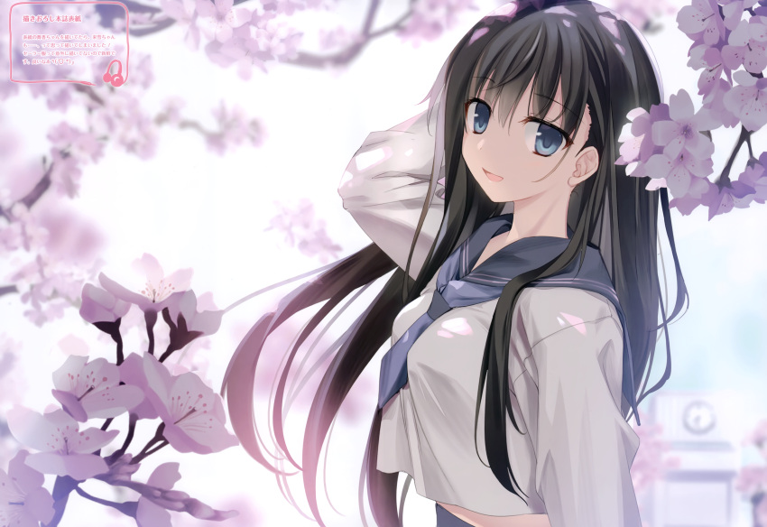 1girl absurdres arm_up bangs blue_eyes blurry blurry_background blush cherry_blossoms day eyebrows_visible_through_hair flower highres huge_filesize karory long_hair long_sleeves looking_at_viewer open_mouth original outdoors sailor_collar scan school_uniform smile solo tree_branch upper_body