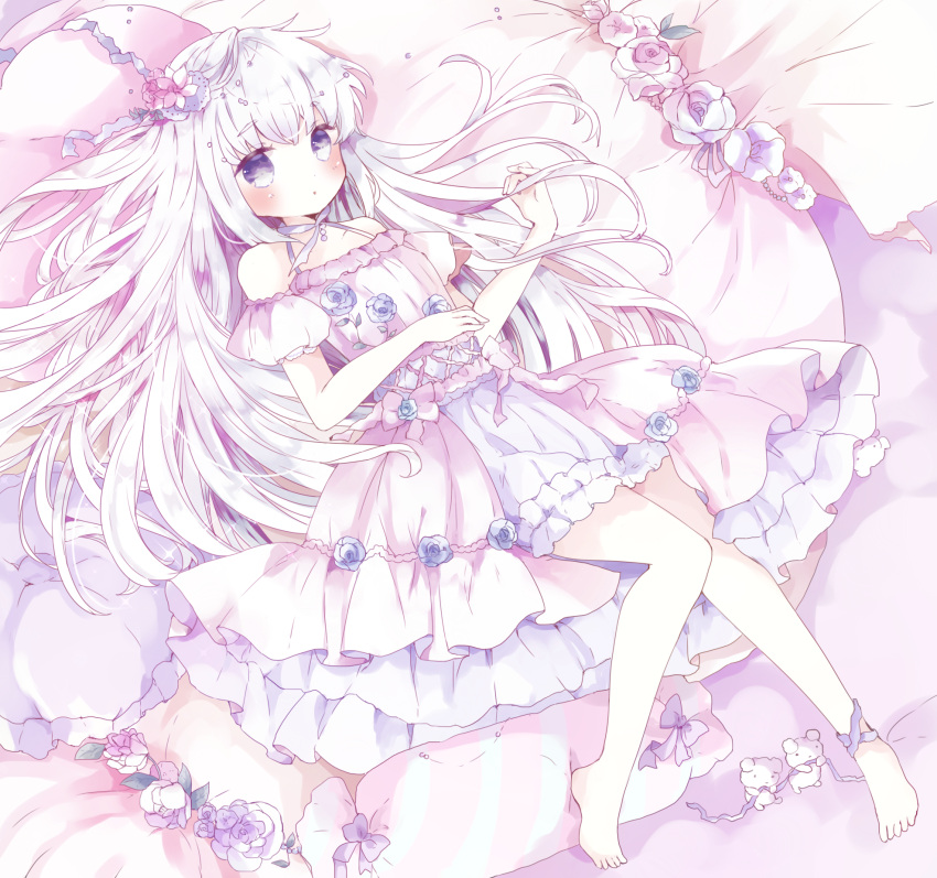 1girl :o bare_shoulders barefoot bed_sheet blush commentary dress flower frilled_pillow frills hand_up highres holding holding_hair long_hair looking_at_viewer lying off-shoulder_dress off_shoulder on_back original parted_lips pillow pink_dress puffy_short_sleeves puffy_sleeves purple_flower purple_rose red_flower red_rose rose short_sleeves silver_hair solo stuffed_animal stuffed_bunny stuffed_toy symbol_commentary tsukiyo_(skymint) very_long_hair violet_eyes