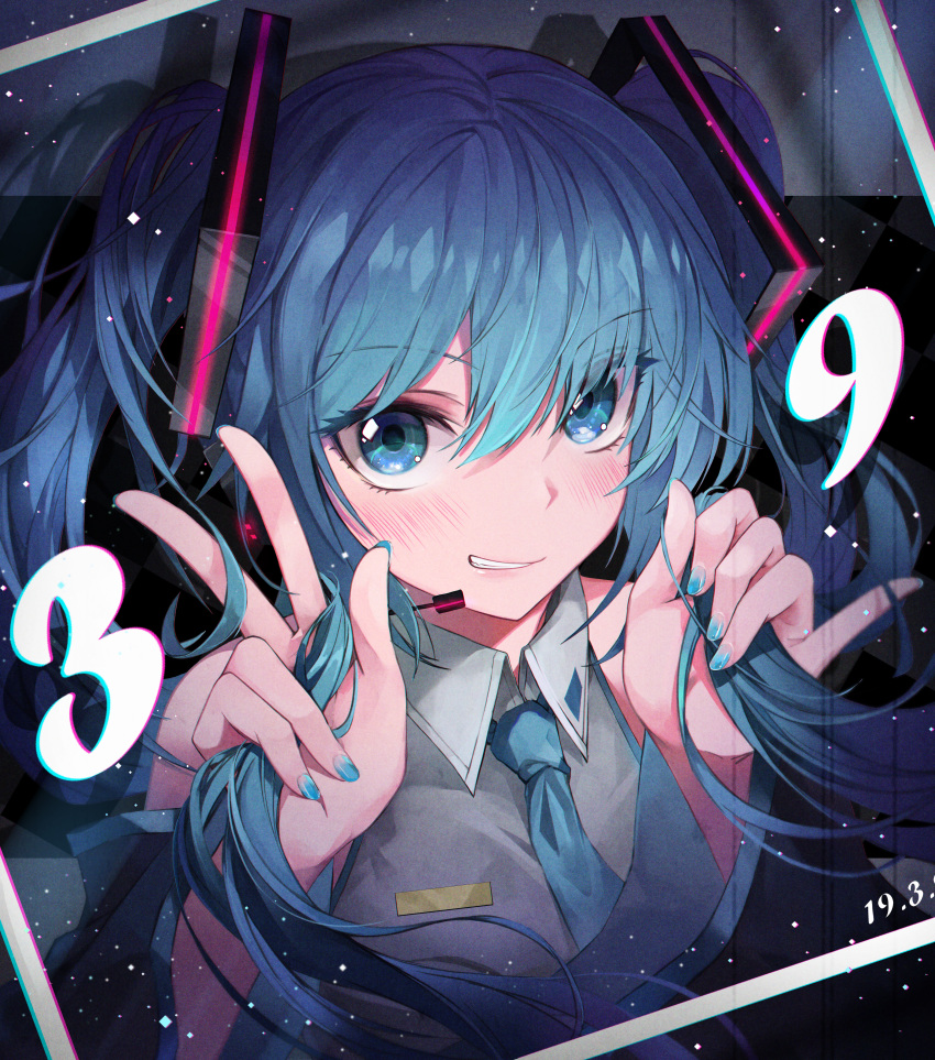 1girl 39 absurdres bare_shoulders blue_eyes blue_hair blue_neckwear blush crystalherb grin hair_ornament hatsune_miku headset highres holding holding_hair huge_filesize long_hair looking_at_viewer nail_polish necktie pinky_out revision smile solo twintails upper_body v vocaloid