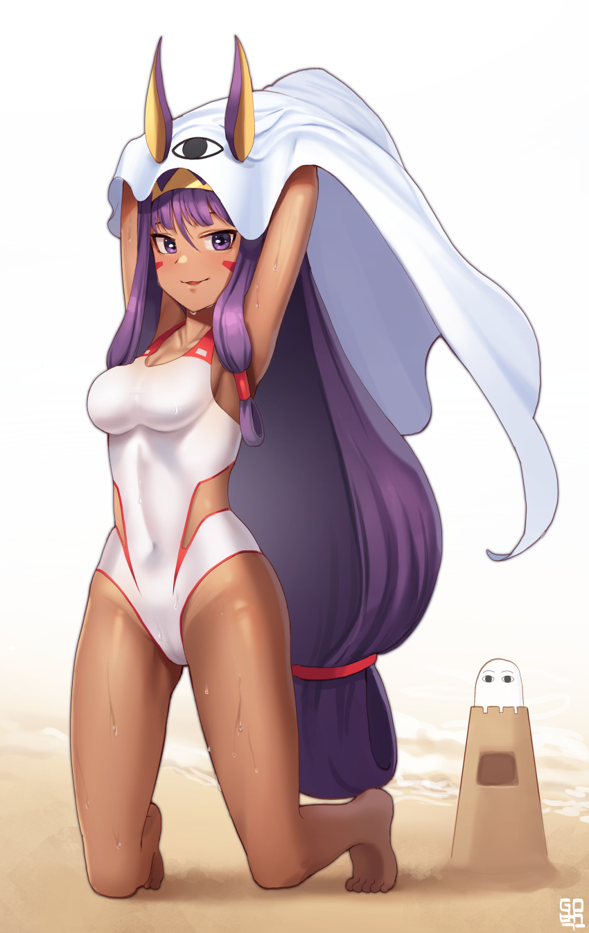 1girl absurdres animal_ears armpits arms_up bangs breasts collarbone commentary_request competition_swimsuit cosplay covered_navel dark_skin ears_through_headwear eyebrows_visible_through_hair facial_mark fate/grand_order fate_(series) goback hair_between_eyes hairband highres jackal_ears kneeling long_hair looking_at_viewer low-tied_long_hair medium_breasts medjed medjed_(cosplay) nitocris_(fate/grand_order) nitocris_(swimsuit_assassin)_(fate) one-piece_swimsuit parted_lips purple_hair sand_castle sand_sculpture swimsuit very_long_hair violet_eyes white_background white_swimsuit