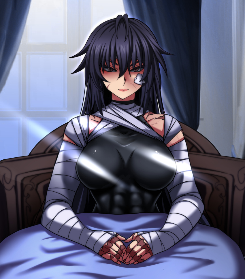 1girl abs animal_ears antenna_hair bandaged_arm bandages bandaid bandaid_on_face bed_sheet black_hair black_leotard breasts brown_eyes center_opening commentary_request day highres injury large_breasts leotard looking_at_viewer m.u.g.e.n original scar sendai_hakurei_no_miko sitting solo touhou under_covers window yagami_(mukage)