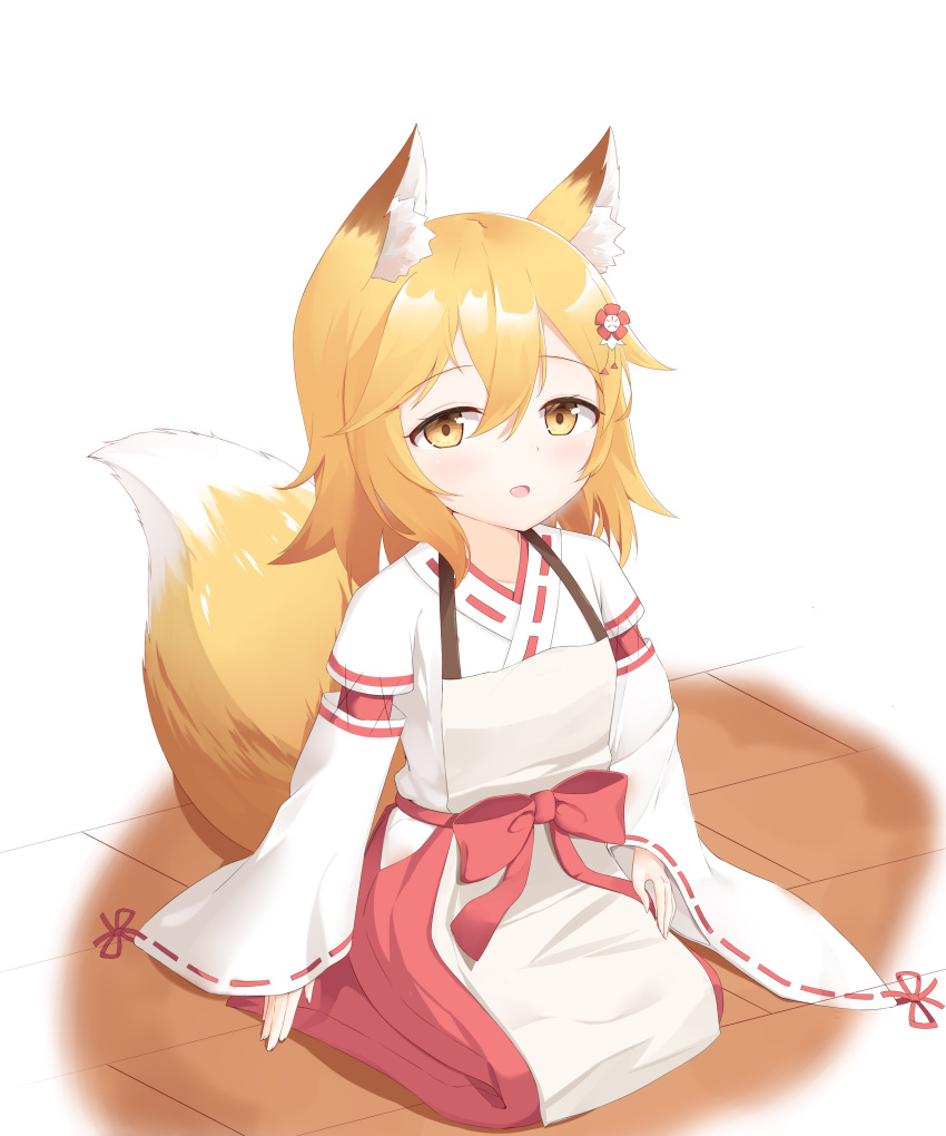 1girl absurdres animal_ear_fluff animal_ears apron bangs blonde_hair brown_apron collarbone commentary_request eyebrows_visible_through_hair fang fingernails flower fox_ears fox_girl fox_tail hair_between_eyes hair_flower hair_ornament hakama highres japanese_clothes kimono long_sleeves looking_at_viewer miko parted_lips red_flower red_hakama ribbon-trimmed_sleeves ribbon_trim roido_(taniko-t-1218) seiza senko_(sewayaki_kitsune_no_senko-san) sewayaki_kitsune_no_senko-san sitting sleeves_past_wrists smile solo tail white_kimono yellow_eyes