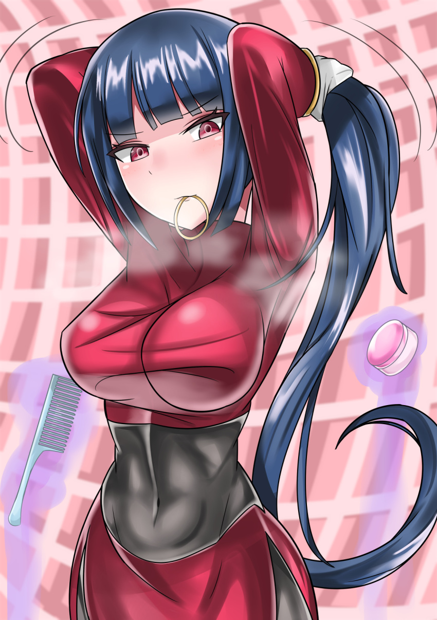 1girl adjusting_hair black_bodysuit black_hair blush bodysuit bodysuit_under_clothes breasts comb commentary_request covered_navel gloves highres large_breasts long_hair looking_at_viewer mouth_hold natsume_(pokemon) pokemon pokemon_(game) ponytail red_eyes red_shirt red_skirt shirt side_slit skirt solo sumida_kichi telekinesis very_long_hair white_gloves