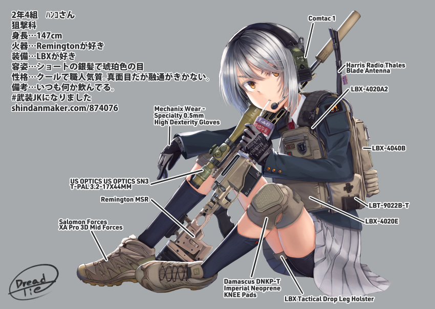 1girl absurdres bangs bike_shorts black_legwear blazer dreadtie gloves grey_background gun hair_between_eyes hair_over_one_eye headset highres jacket juice_box knee_pads looking_at_viewer omamori original pleated_skirt rifle school_uniform scope shindan_maker short_hair shorts shorts_under_skirt signature silver_hair sitting skirt socks solo suppressor translated watermark weapon web_address yellow_eyes